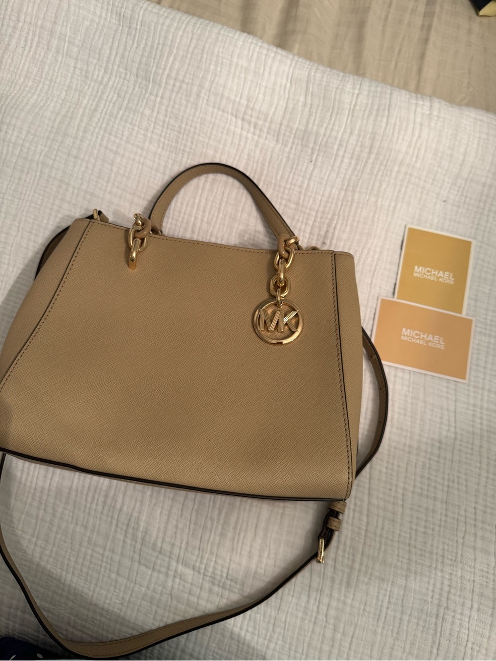 Michael Kors Tan Saffiano Leather Satchel with Gold Hardware